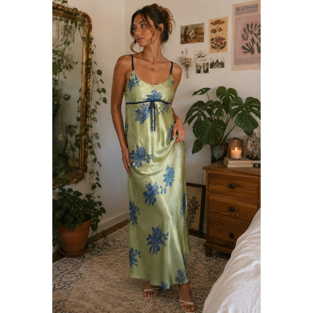 Jones New York Large Satin Maxi Slip Dress Green Blue Floral Y2K 90s Fairycore